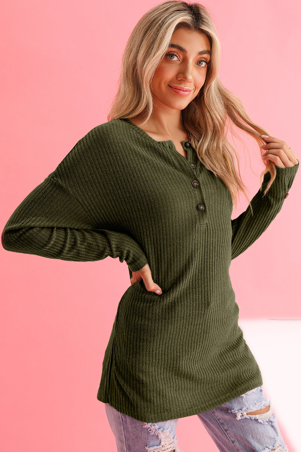 Rose Drop Shoulder Knit Long Sleeve Henley Top