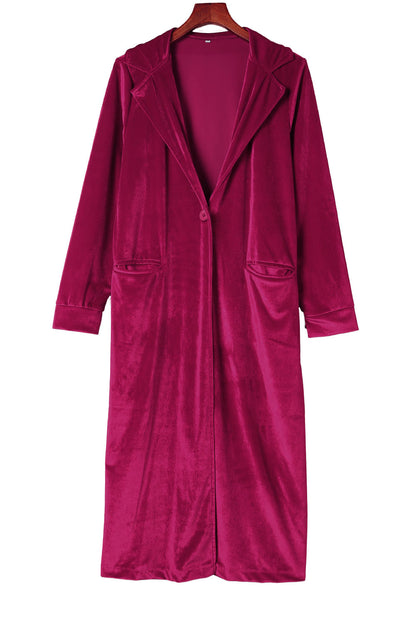 Red Casual Velvet Lapel Pocket Long Coat