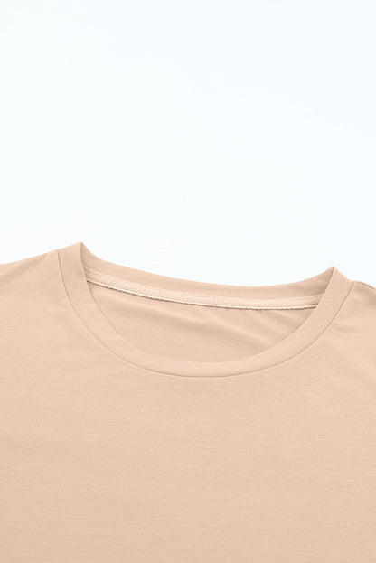 Rose Red Solid Color Crew Neck Roll Up Sleeve Tee