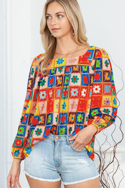 Multicolor Flower Pattern Lantern Sleeve Square Neck Top