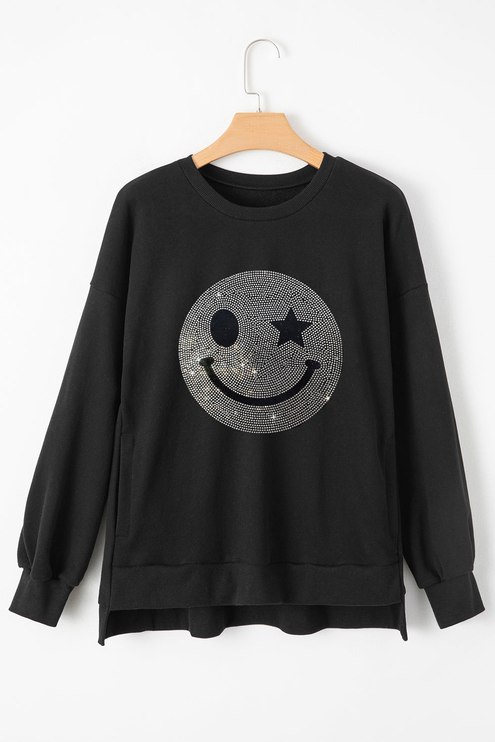 Black Rhinestone Smile Face Pattern High Low Hem Sweatshirt