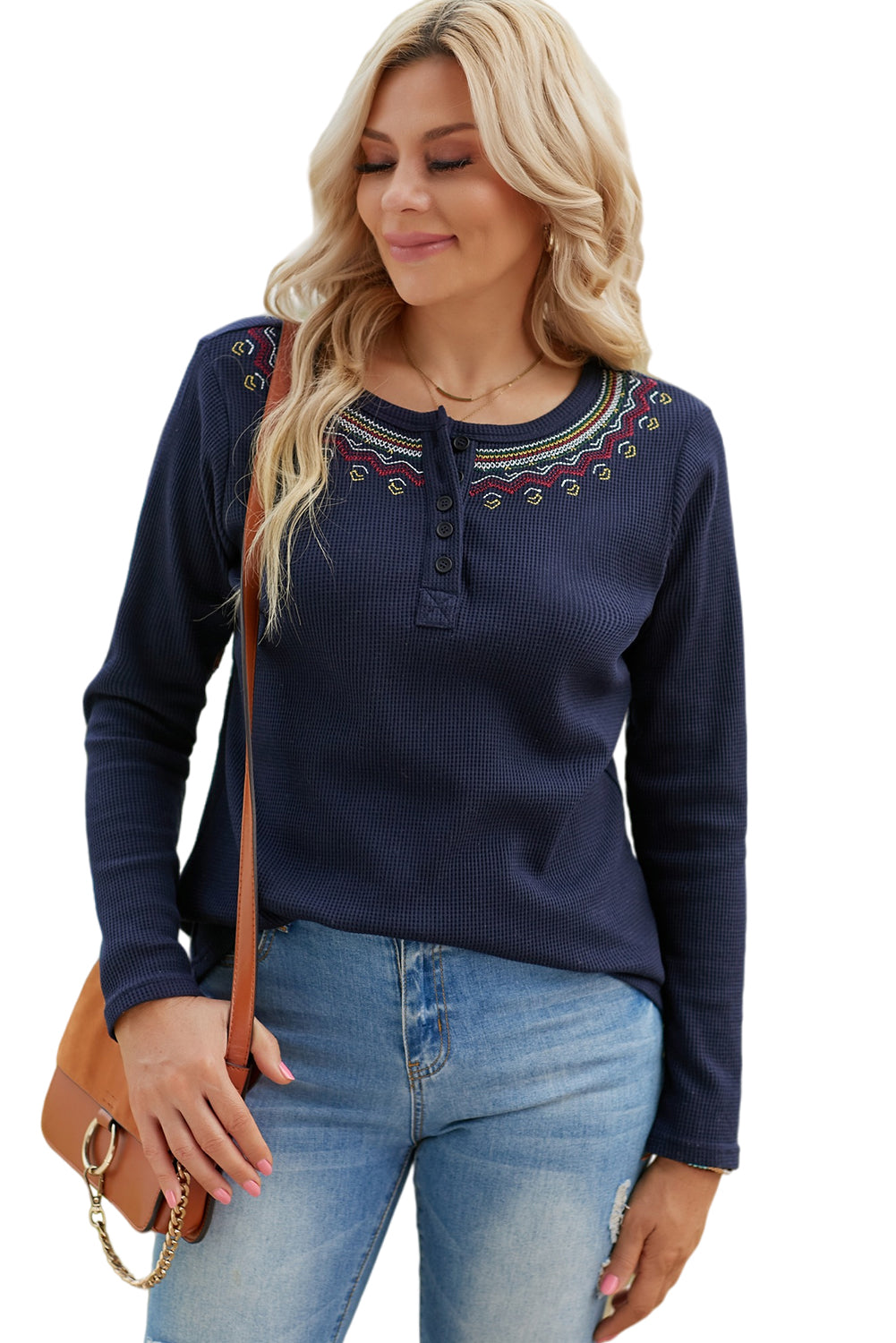 Navy Blue Casual Embroidered Round Neck Waffle Henley Top