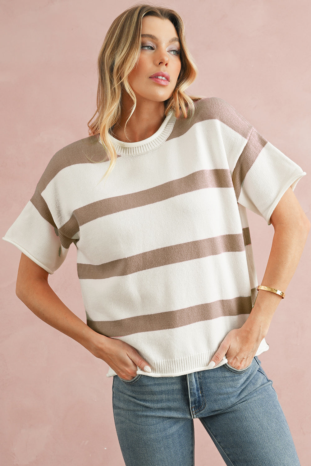 Khaki Striped Drop Shoulder Knitted Top