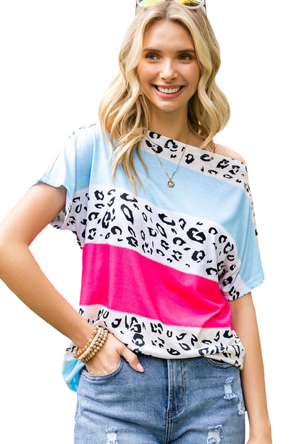 Leopard Stripes Color Block Boat Neck Tee