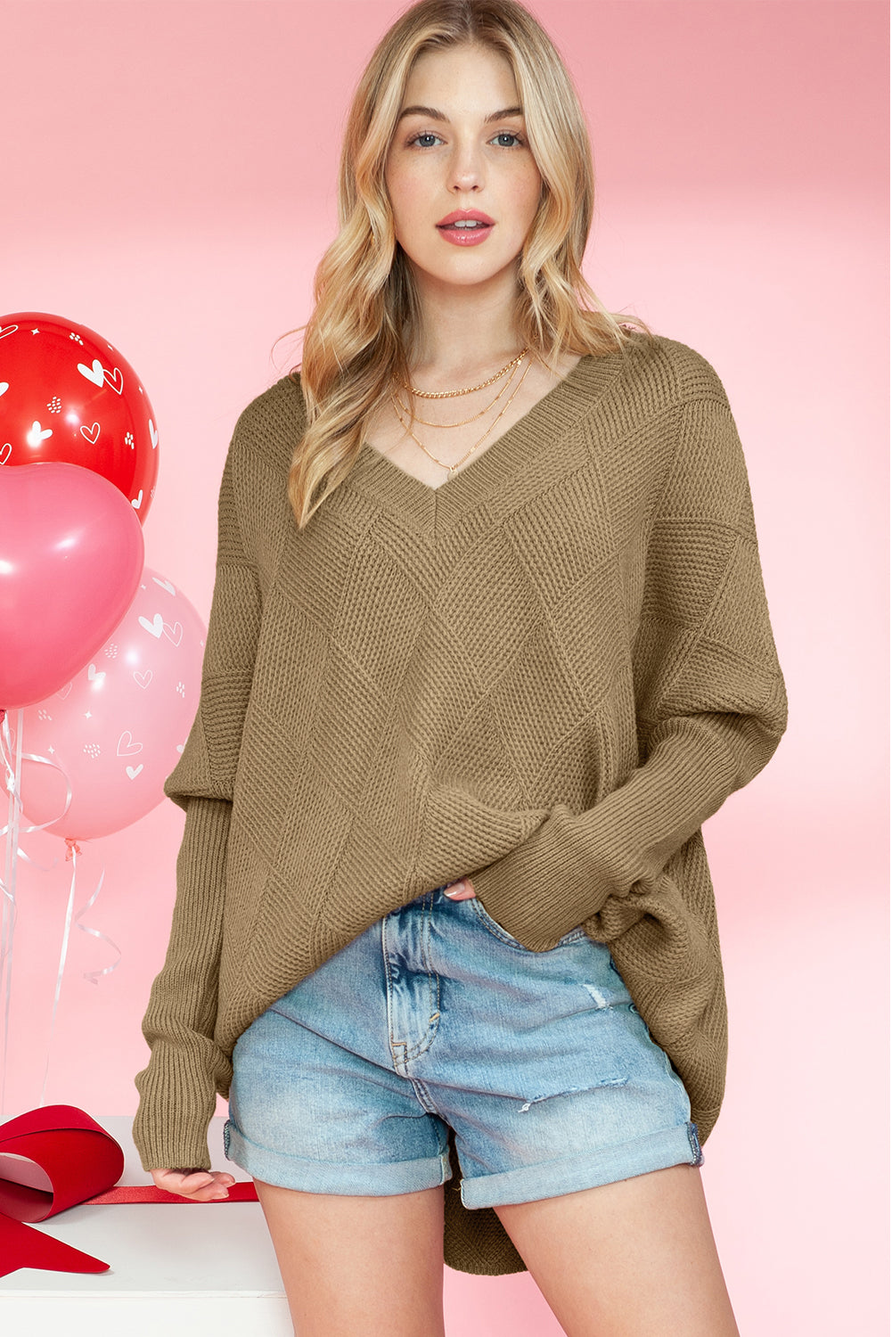 Camel Plain V Neck Batwing Sleeve Oversized Sweater