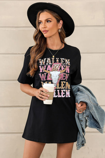 Black WALLEN Letter Print Animal Graphic Oversized Tee