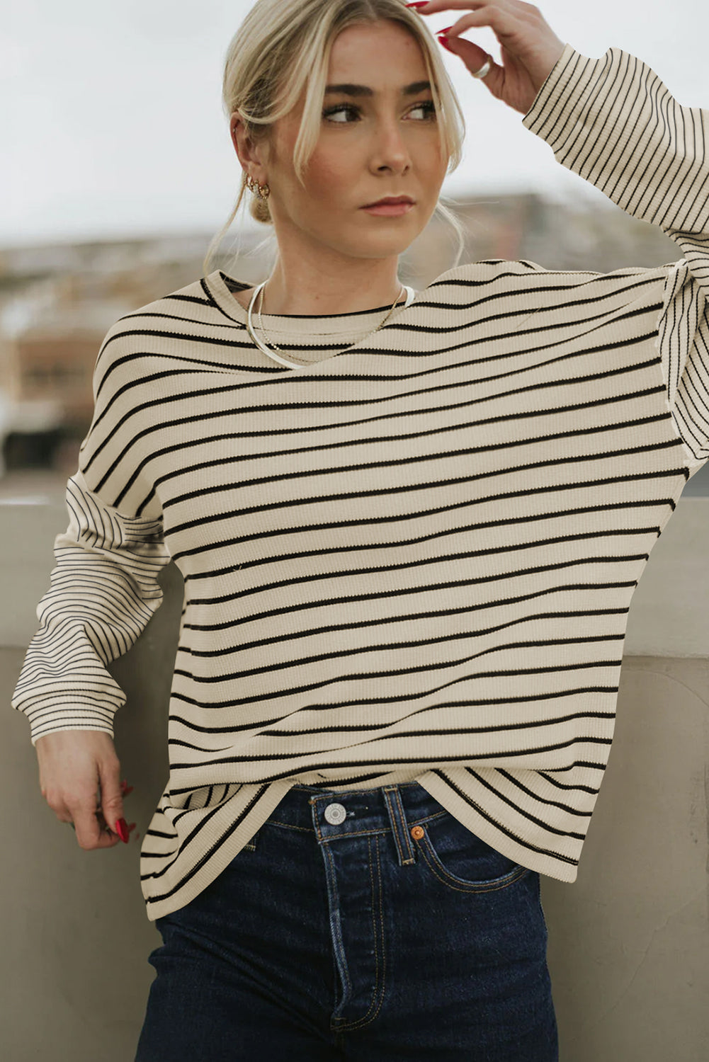 Black Striped Patchwork Drop Sleeve Top