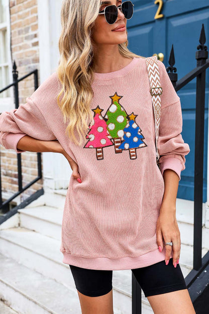 Pink Corduroy Christmas Tree Sequin Graphic Sweatshirt