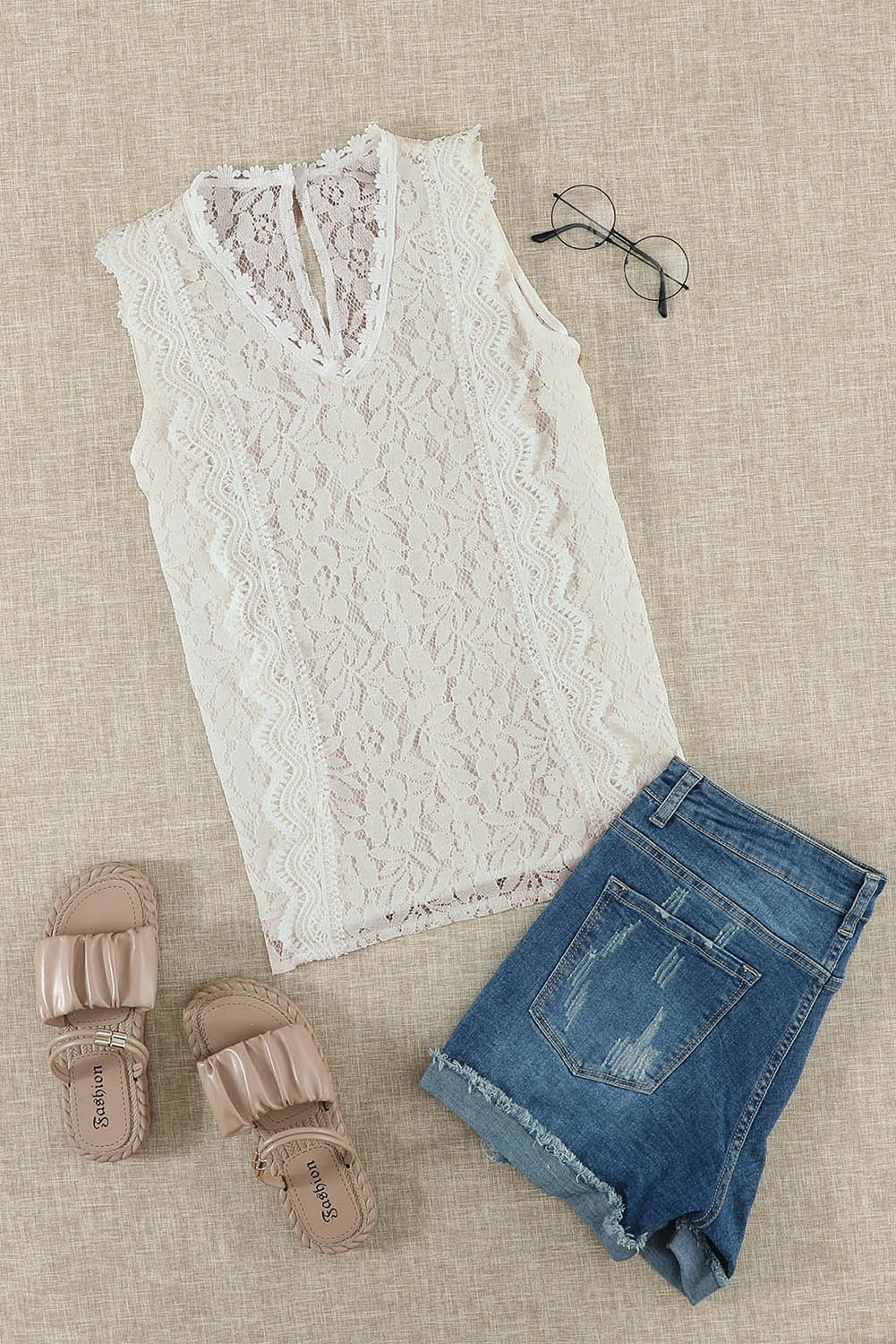 White V Neck Sleeveless Lace Top for Summer