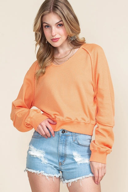 Orange Waffle Knit Exposed Seam Long Sleeve Top