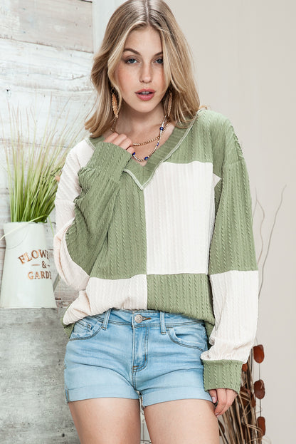 Green and Beige Color Block Textured V Neck Long Sleeve Top