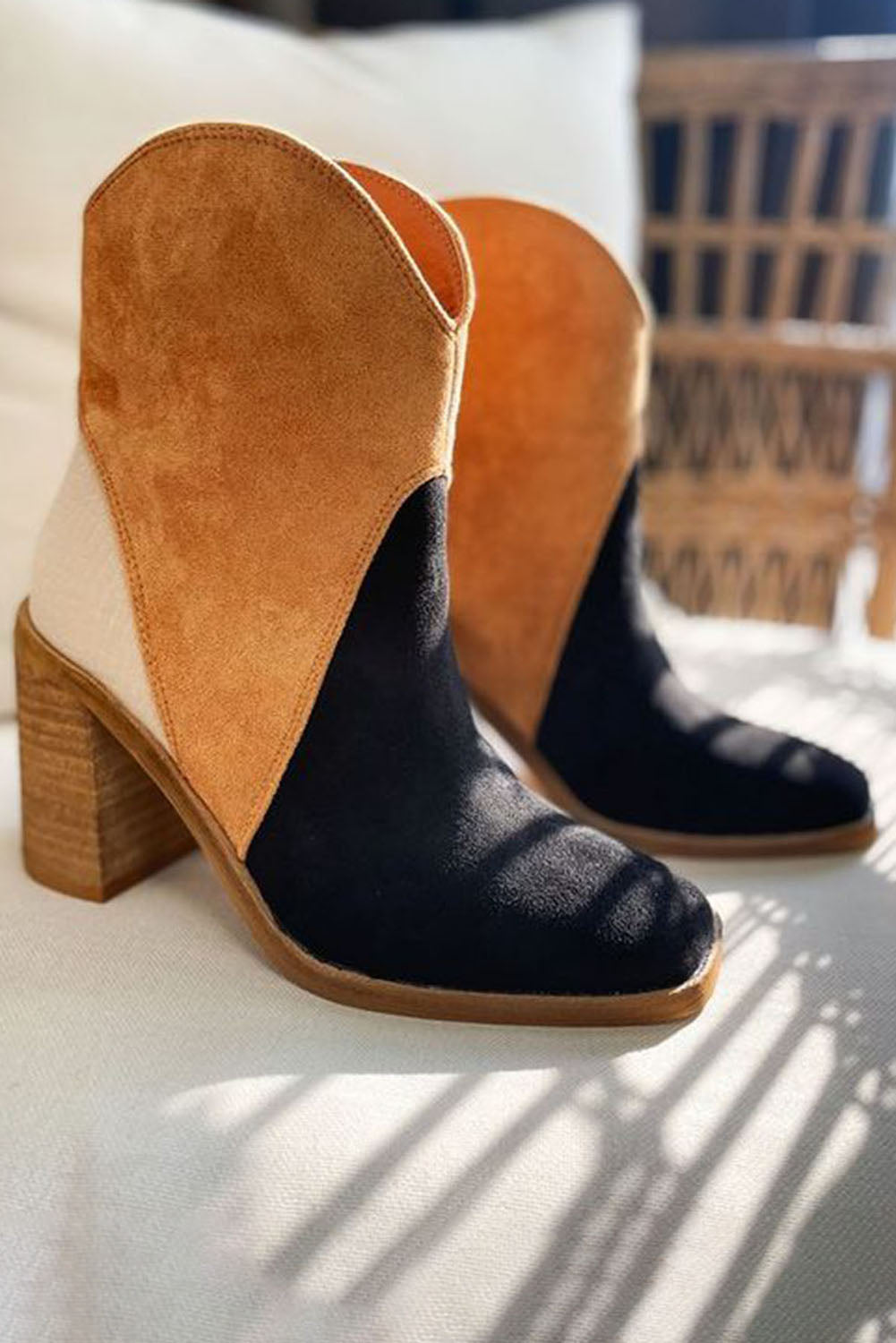 Carbon Grey Colorblock Suede Heeled Ankle Booties