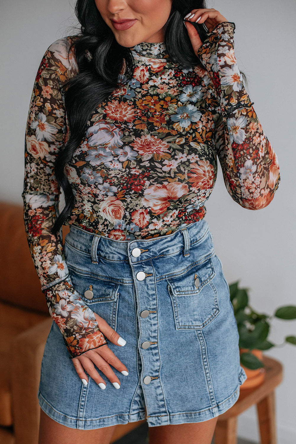 Brown Floral Print Mesh Mock Neck Slim Top