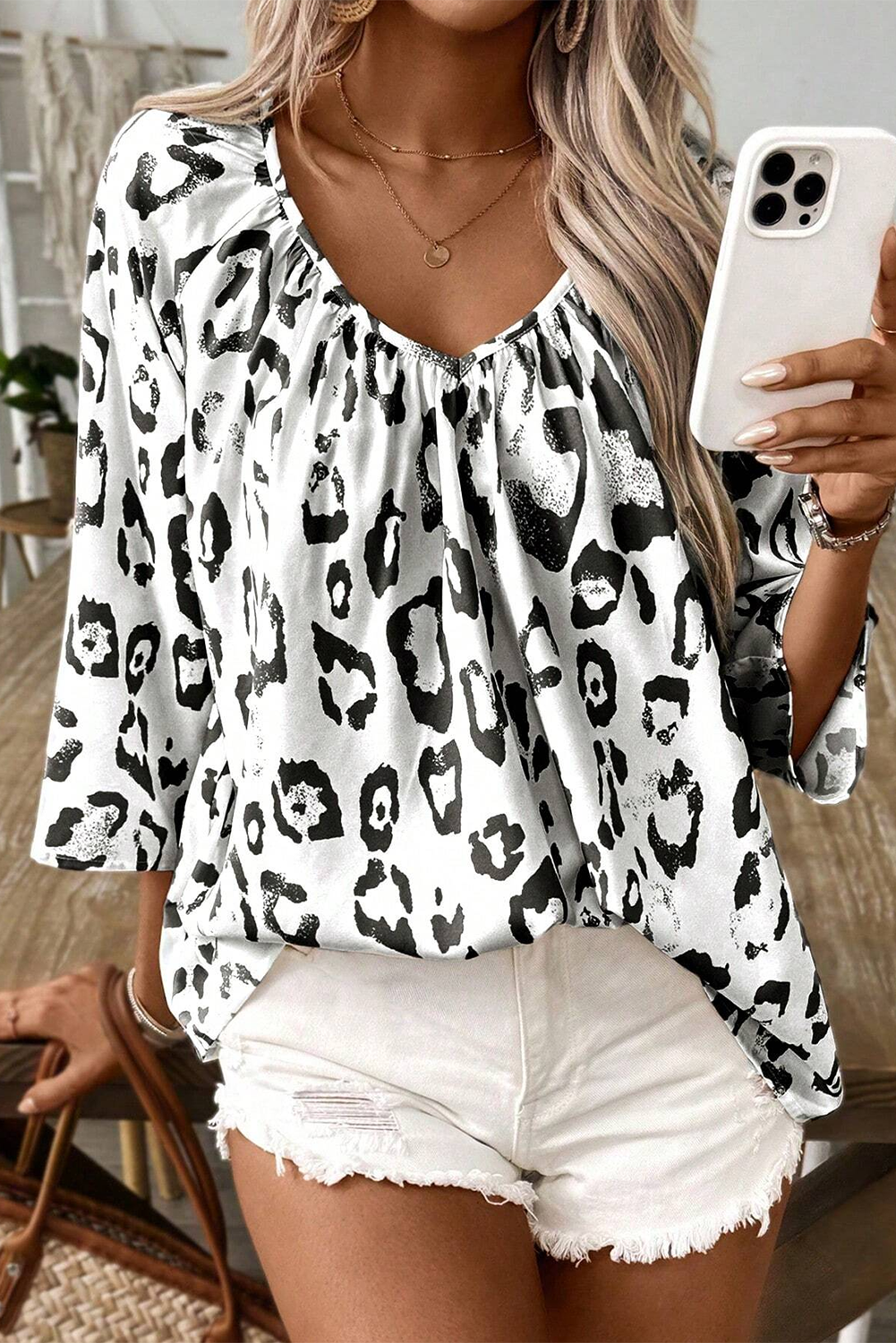 Black Leopard Print V Neck 3/4 Sleeve Blouse