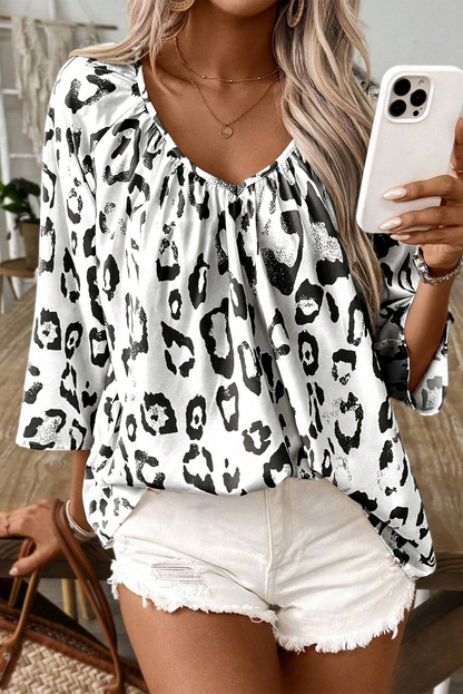 Black Leopard Print V Neck 3/4 Sleeve Blouse