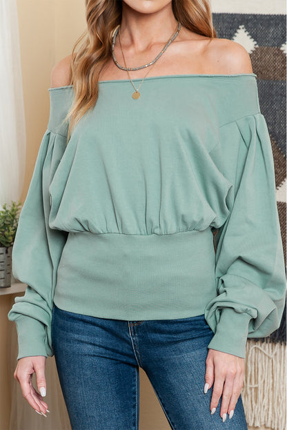 Green Solid Color Boat Neck Puff Sleeve Top