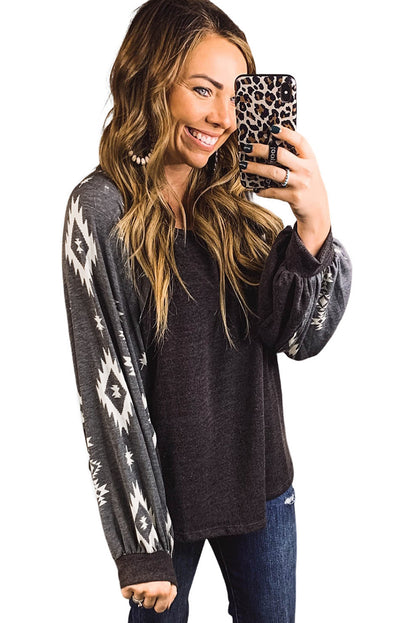 Apricot Casual Ethnic Print Patch Long Sleeve Top