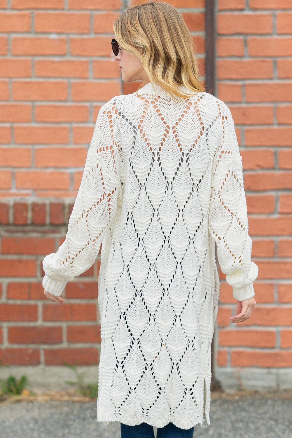 White Crochet Knit Hollowed Open Front Cardigan