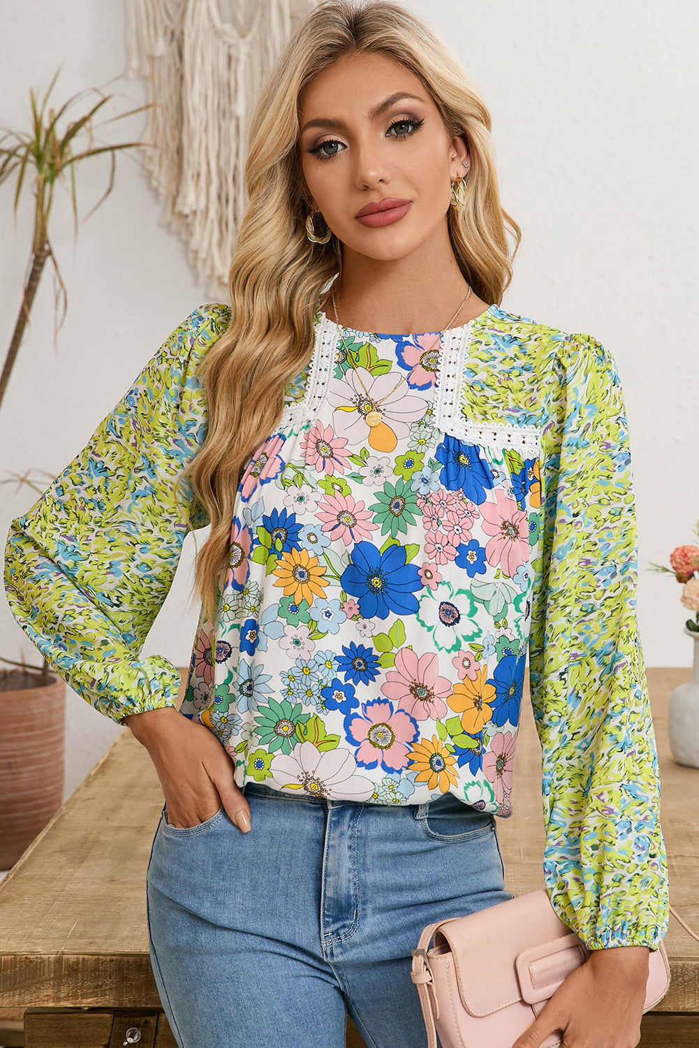 Green Bubble Sleeve Lace Detail Mixed Floral Blouse