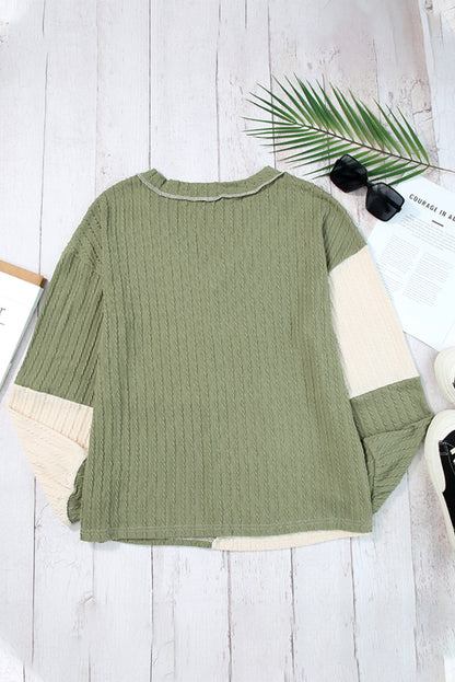 Green and Beige Color Block Textured V Neck Long Sleeve Top