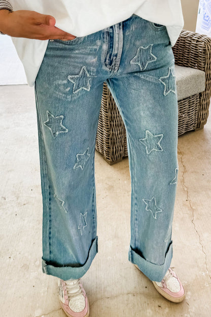 Dusk Blue Star Patched Straight Leg Loose Jeans