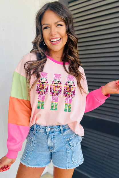 Pink Colorblock Nutcracker Print Graphic Sweatshirt