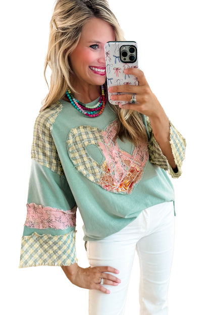 Aqua Plaid Floral Patchwork Heart Long Sleeve Top