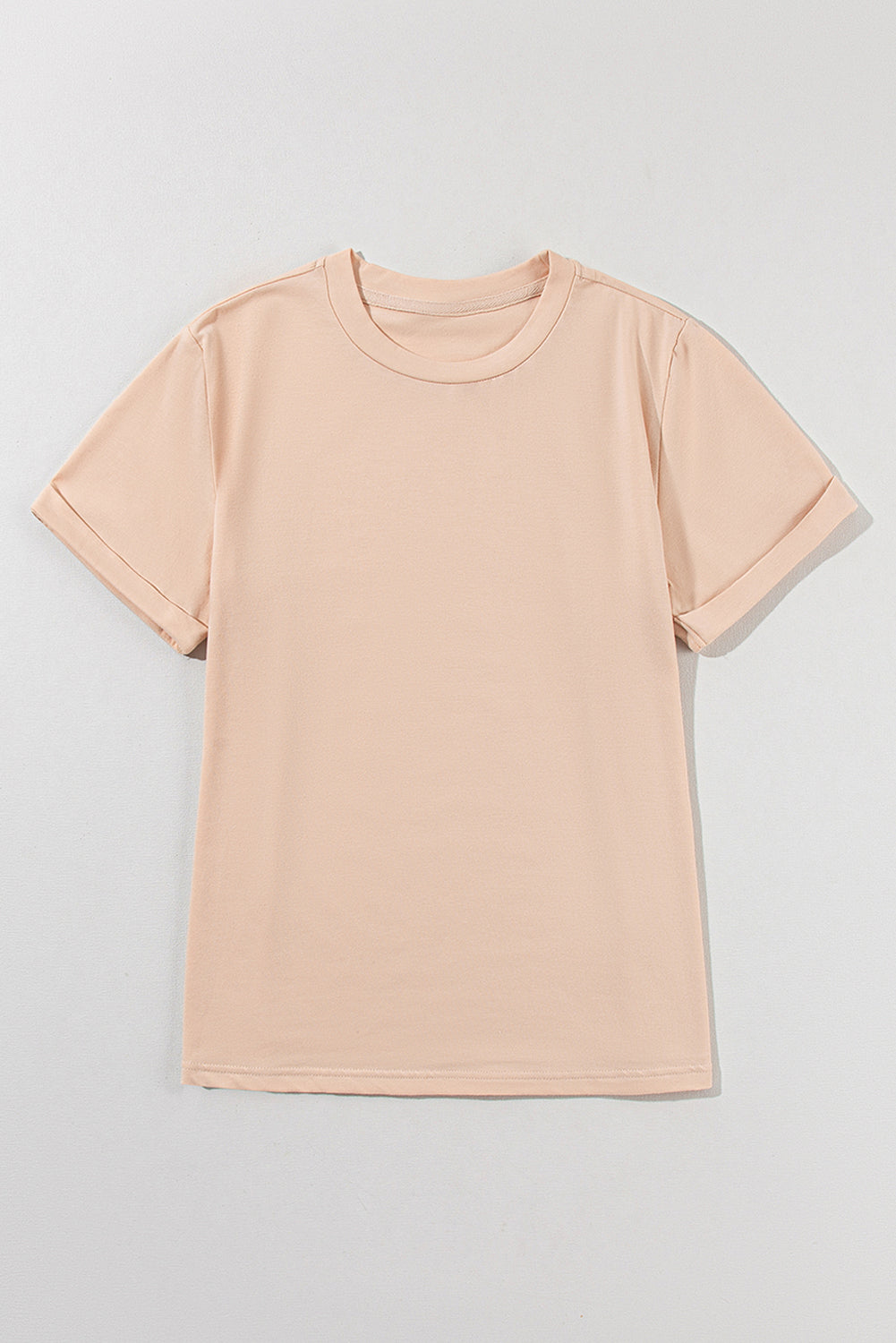 Rose Red Solid Color Crew Neck Roll Up Sleeve Tee