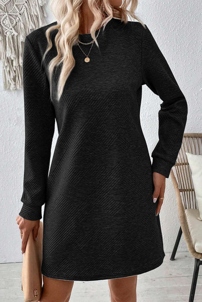 Gray Solid Color Textured Long Sleeve Shift Short Dress