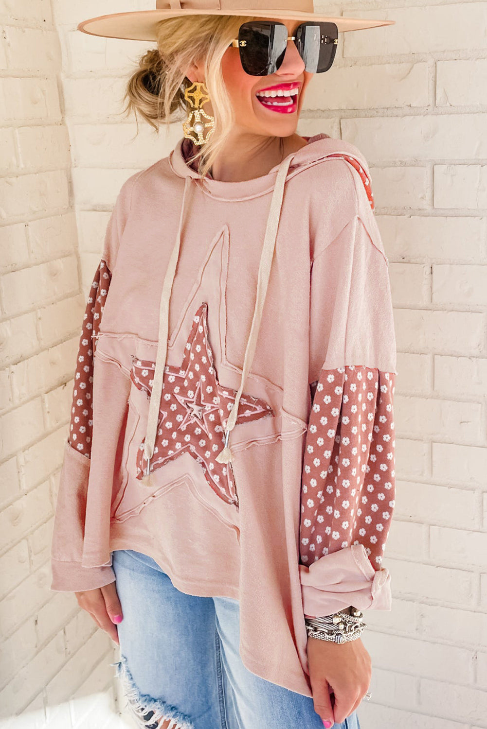 Apricot Floral Patchwork Star Pattern Drawstring Hoodie