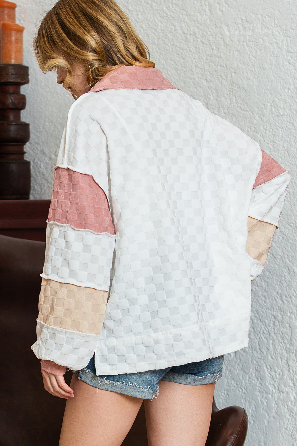 White Patchwork Lantern Sleeve Collared Top