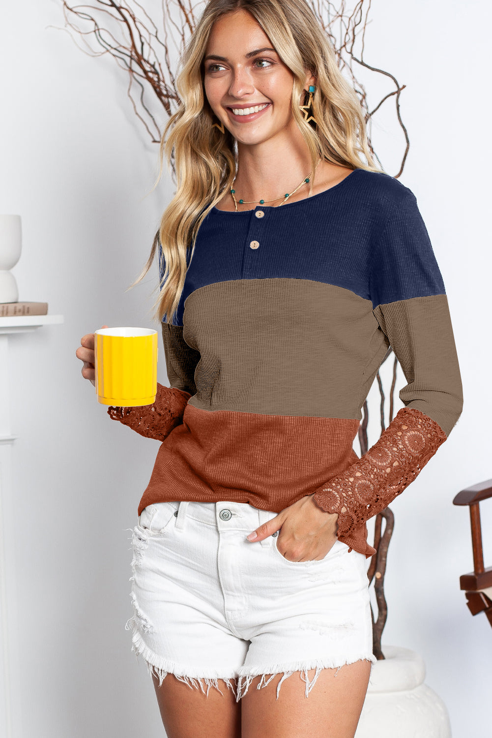 Color Block Ribbed Lace Crochet Sleeves Henley Shirt for Women