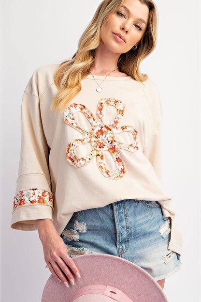 Beige Flower Exposed Seam Patchwork Loose Top