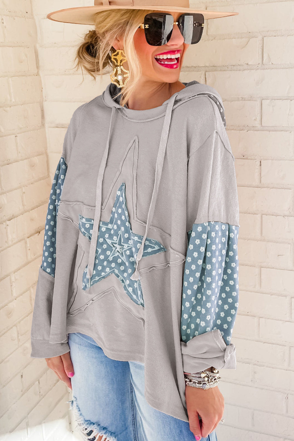 Apricot Floral Patchwork Star Pattern Drawstring Hoodie