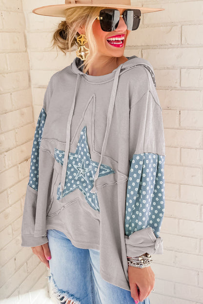 Apricot Floral Patchwork Star Pattern Drawstring Hoodie