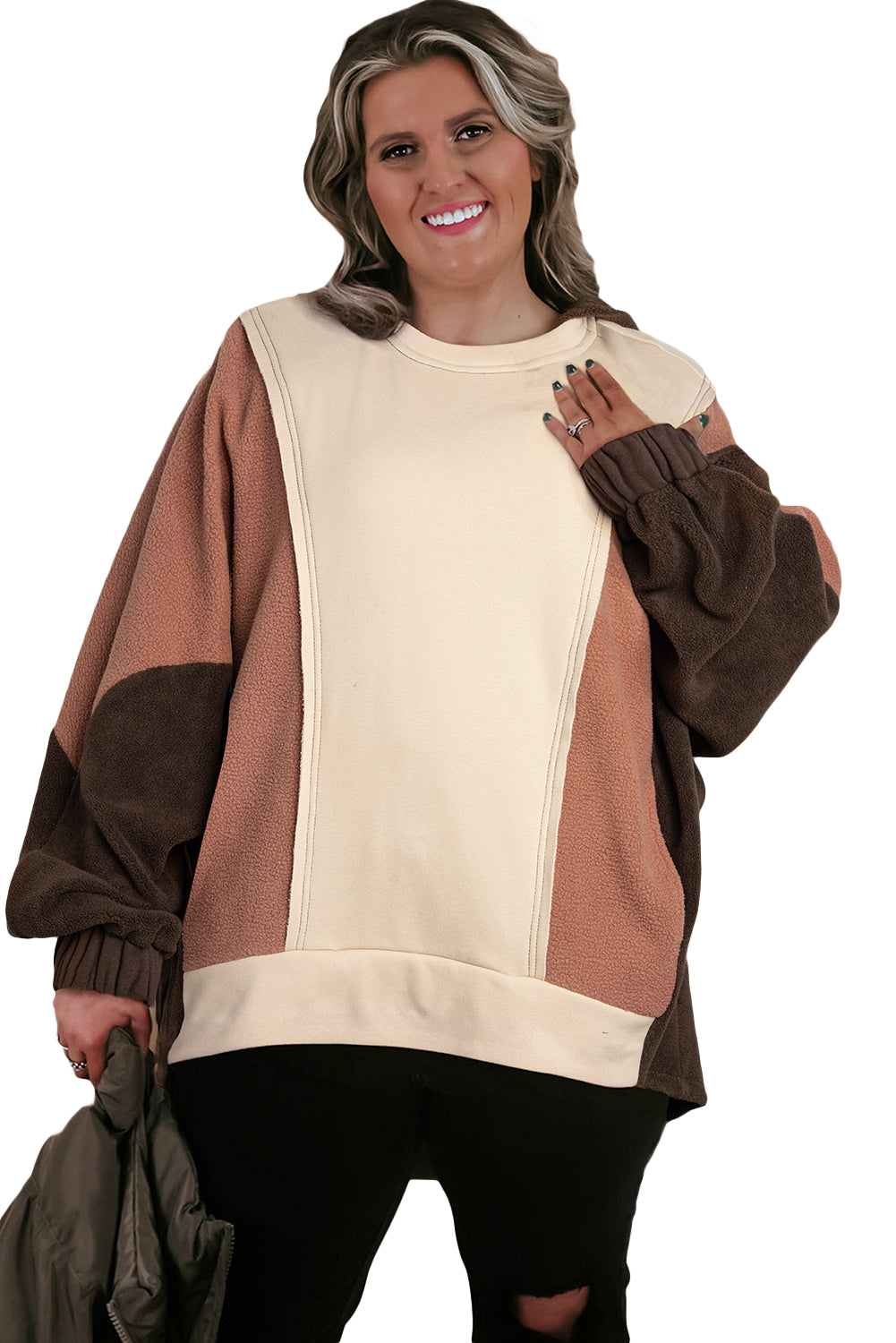 Brown Plus Size Exposed Seam Patchwork Sweatshirt