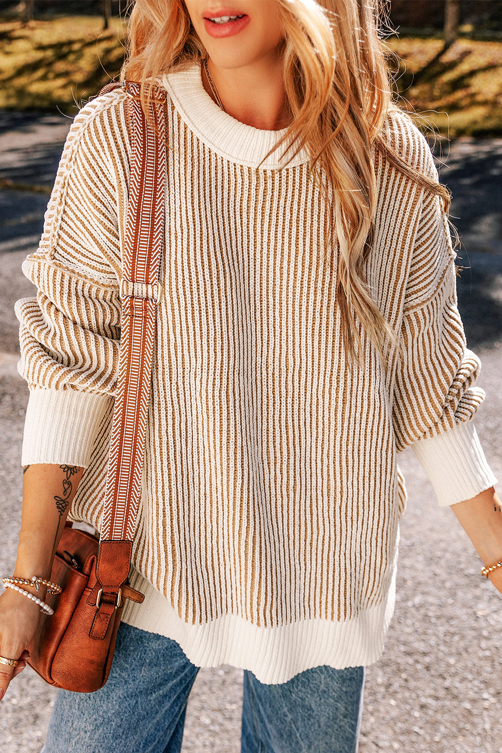 Black Striped Contrast Trim Loose Sweater