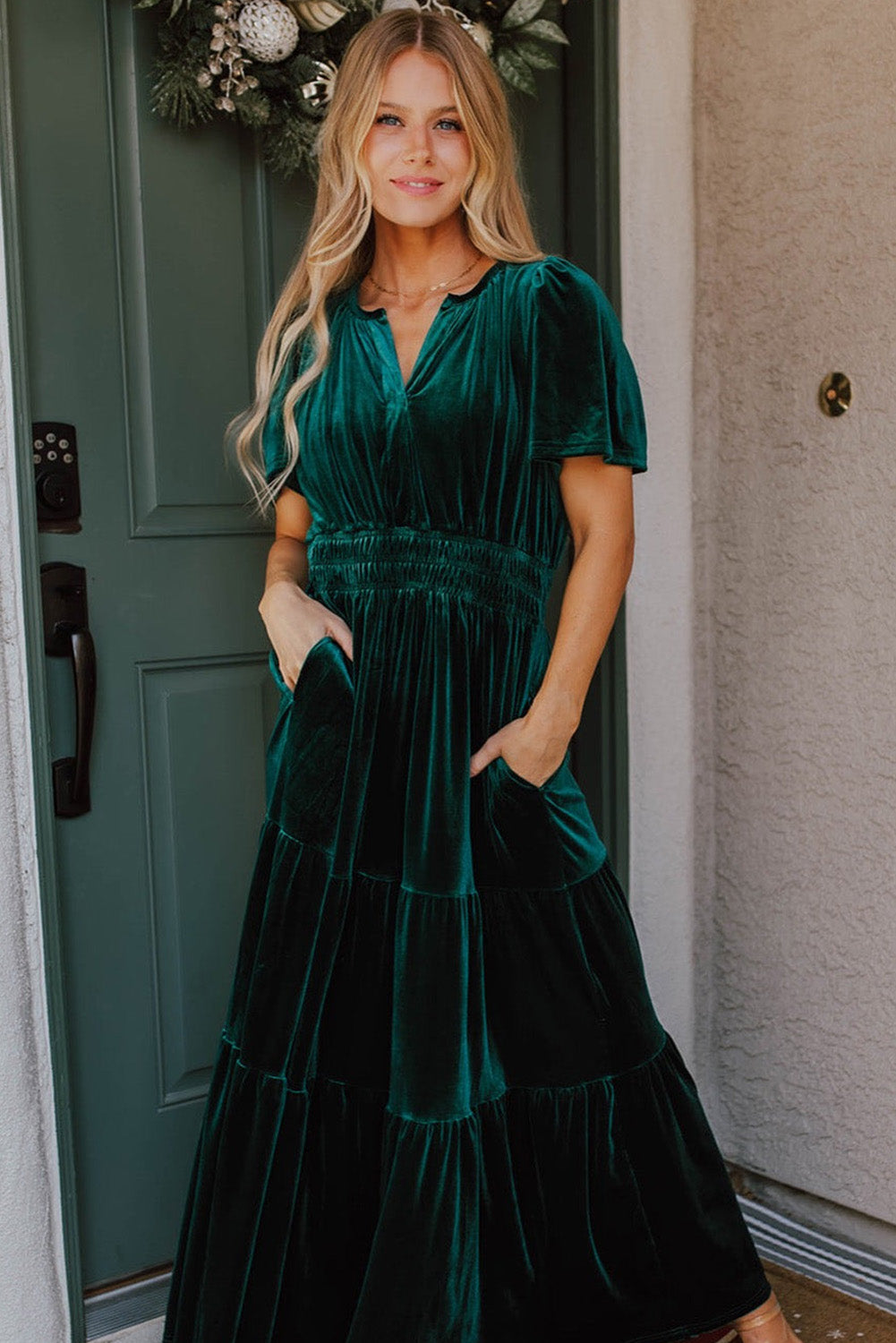 Evergreen Velvet Puff Short Sleeve Smocked Waist Tiered Maxi Dress