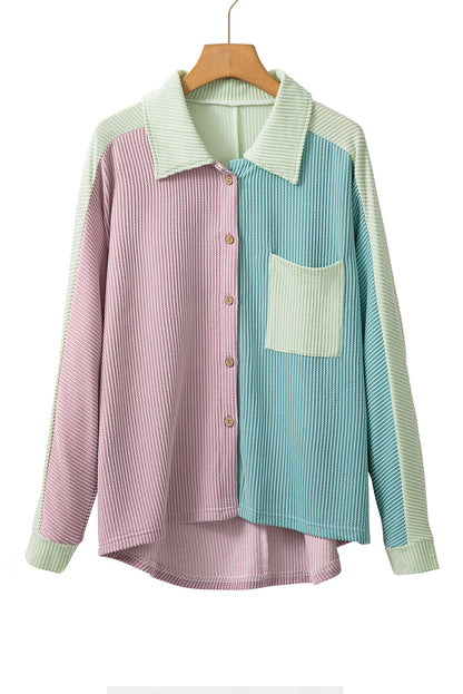 Phalaenopsis Color Block Crinkle Rib Buttoned Oversized Shirt