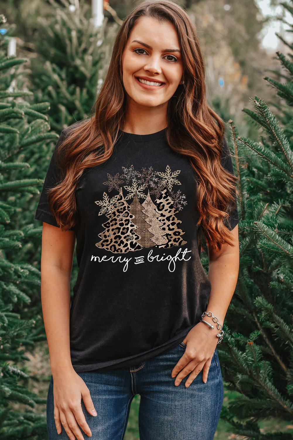 Black Leopard Christmas Tree Crew Neck Graphic T Shirt