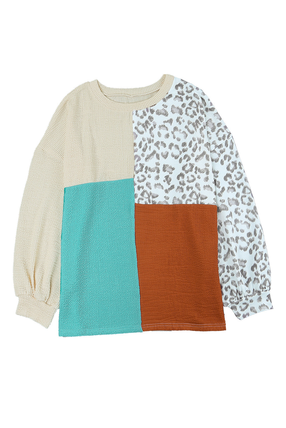 Rosy Leopard Patchwork Color Block Ribbed Long Sleeve Top