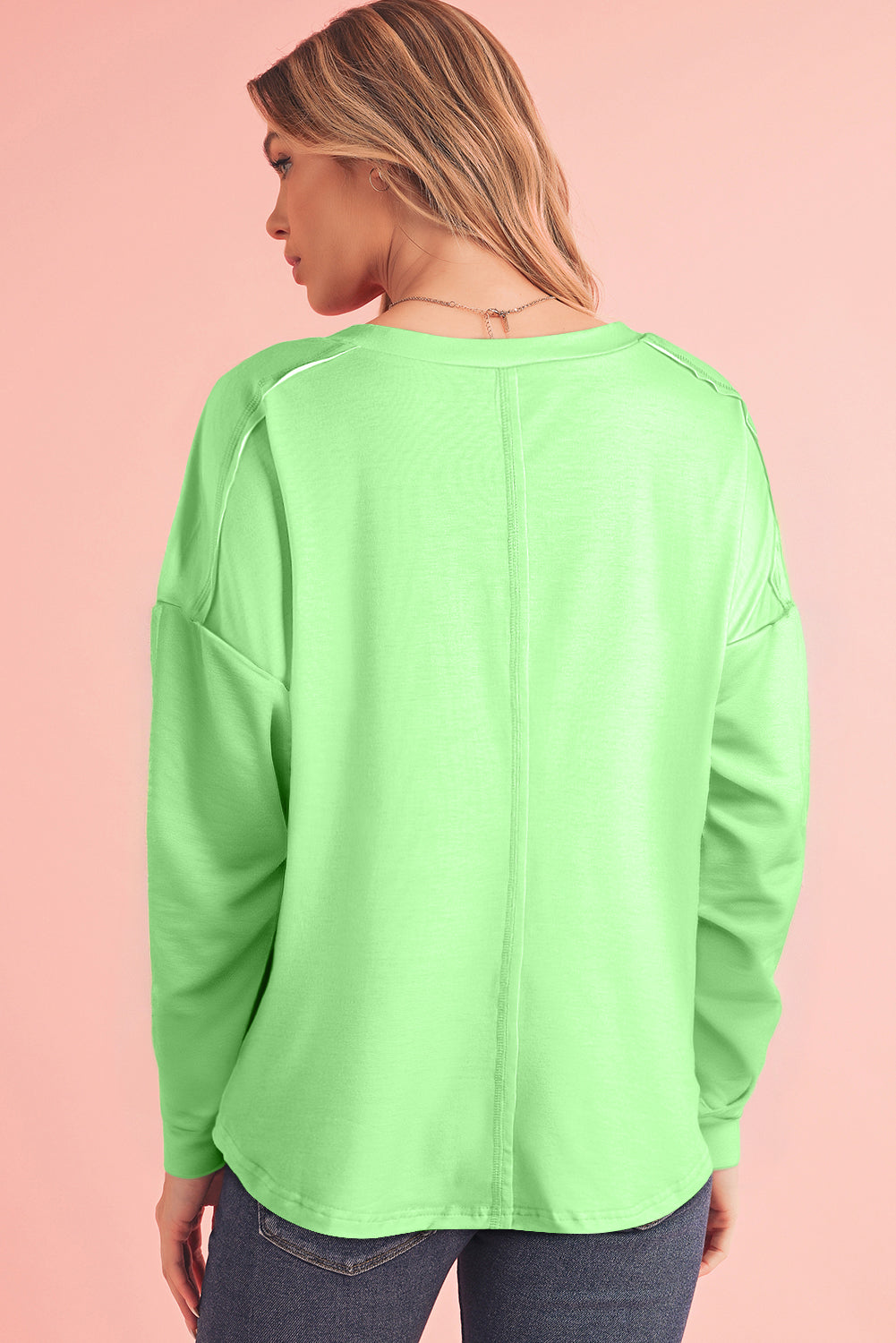 Blue Green Colorblock Drop Sleeve Round Neck Top