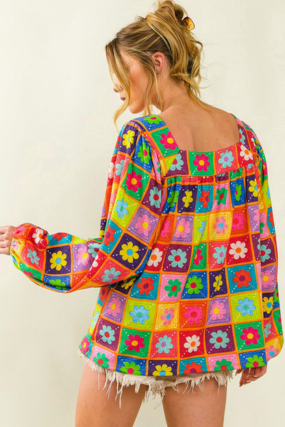 Multicolor Flower Pattern Lantern Sleeve Square Neck Top