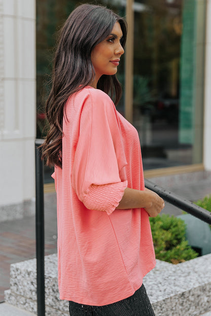 Pink Casual Shirred Cuffs Half Sleeve Top