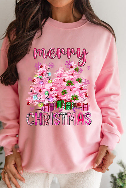 Pink Merry Christmas Graphic Crew Neck Pullover Sweatshirt