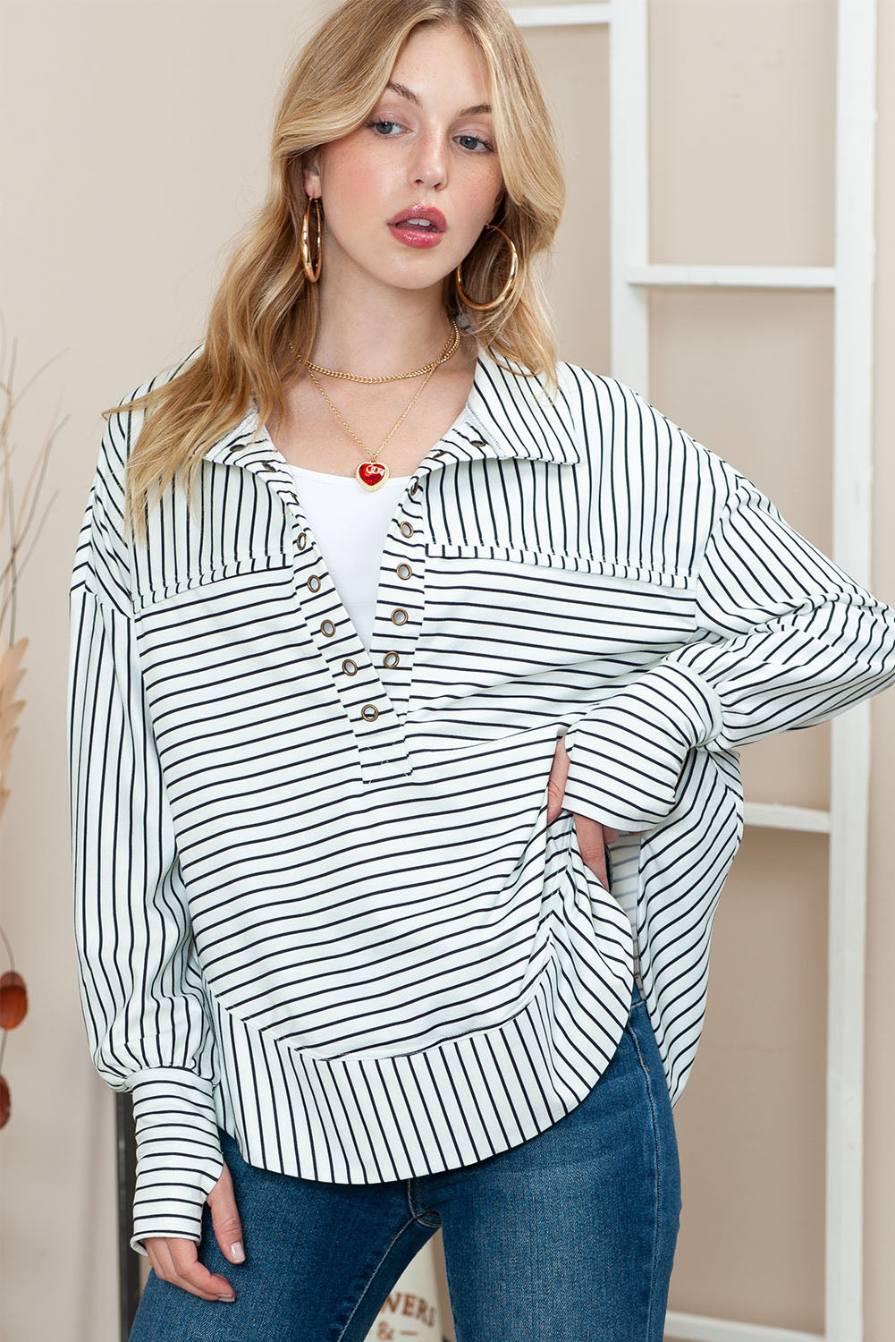 White and Black Striped Grommet Collared Thumbhole Long Sleeve Top