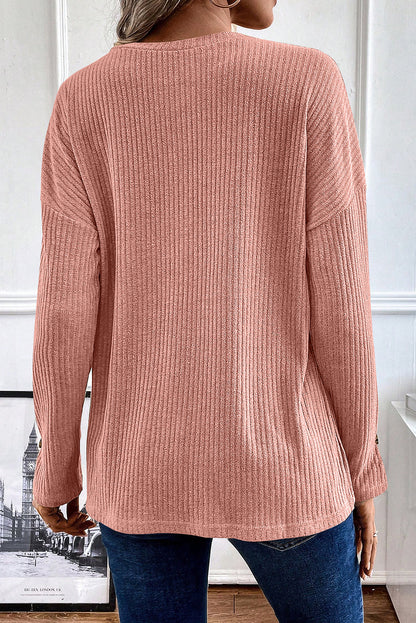 Rose Drop Shoulder Knit Long Sleeve Henley Top