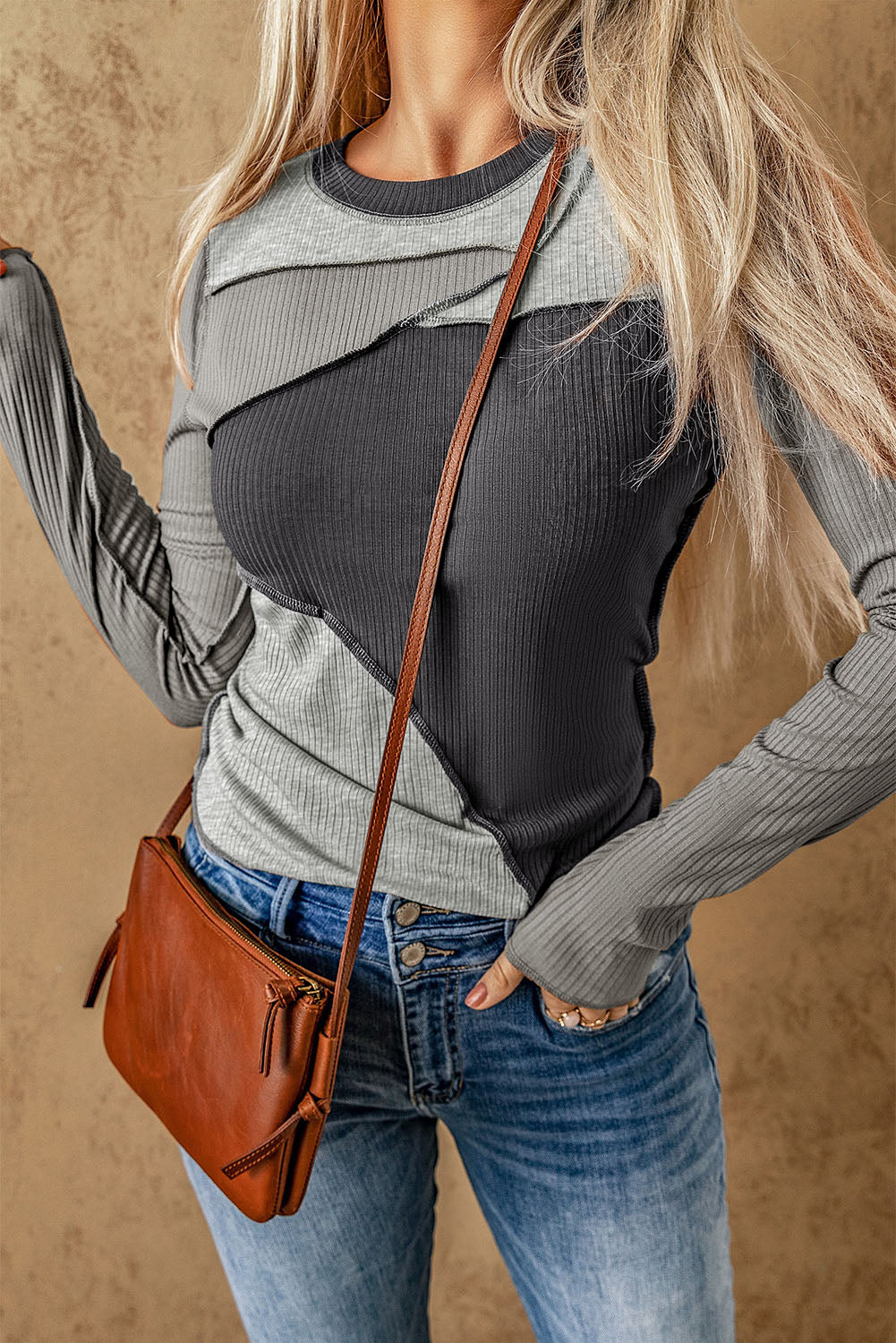 Brown Expose Seam Color Block Ribbed Knit Top