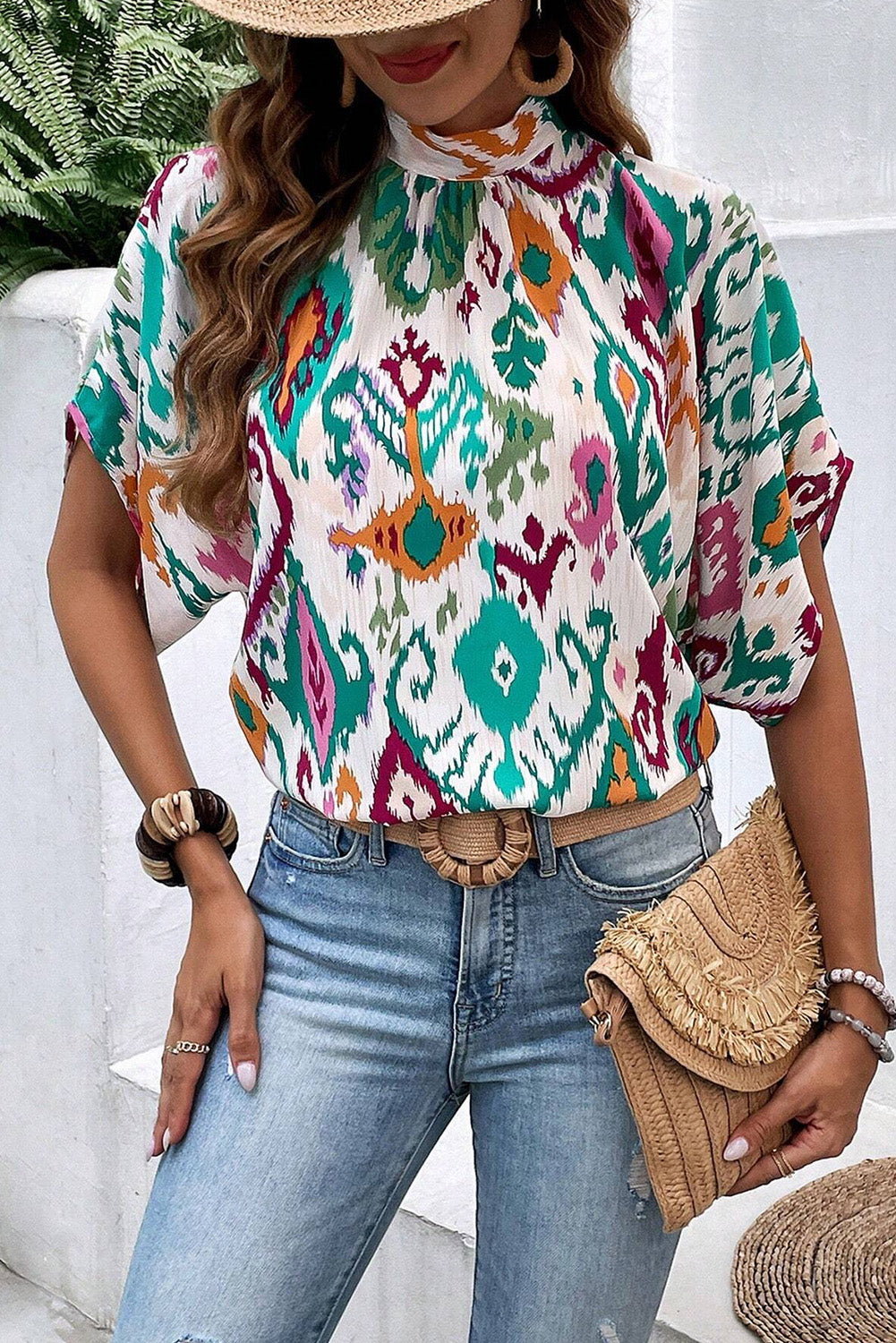 Multicolor Abstract Print Knot Back Half Sleeve Blouse