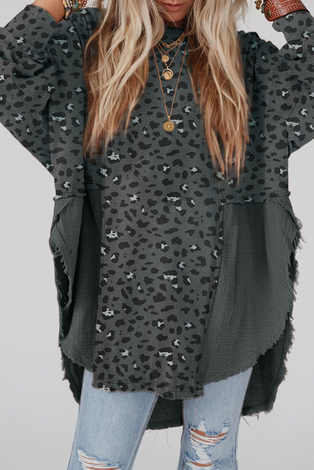 Gray Raw Edge Leopard Patchwork Oversized Blouse